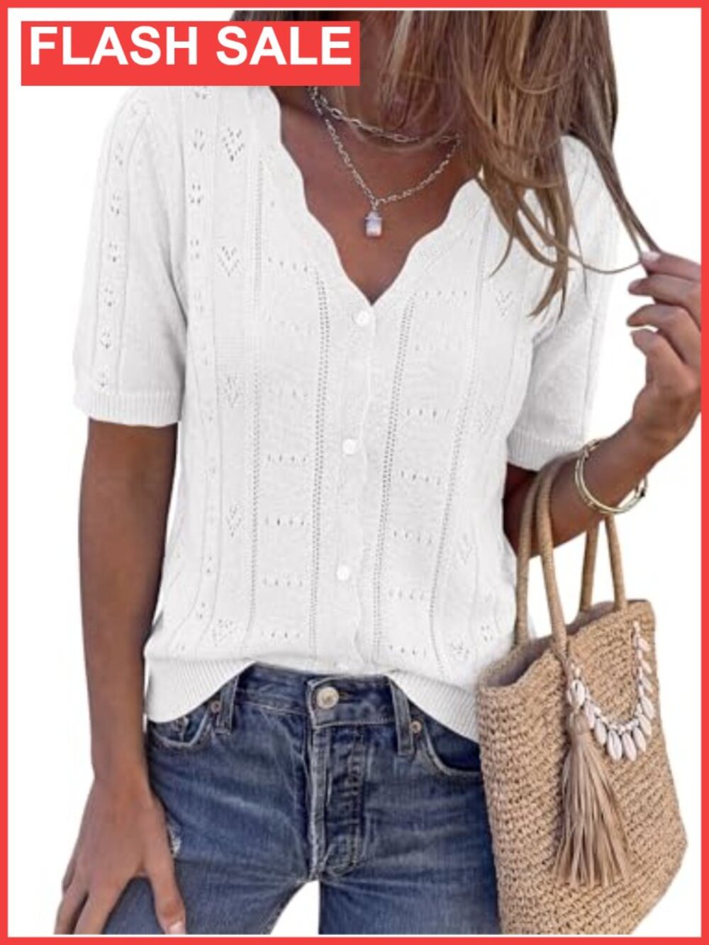 Crochet Knit Button Down Cardigan Short Sleeve V Neck Scalloped Summer Sweater